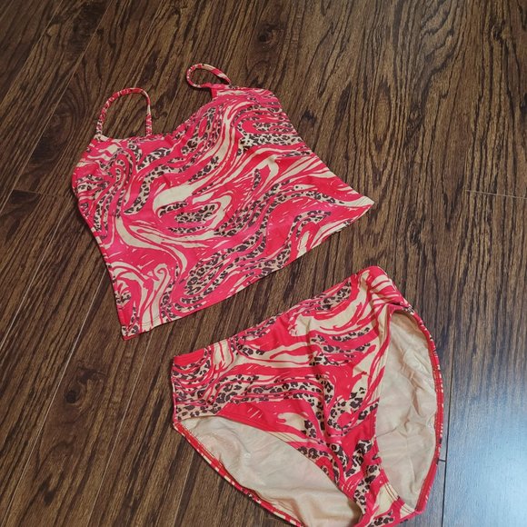 Gottex Blue Vintage Cheetah Print Bikini Tankini 2 Pc Retro Red Brown Animal - Picture 2 of 15